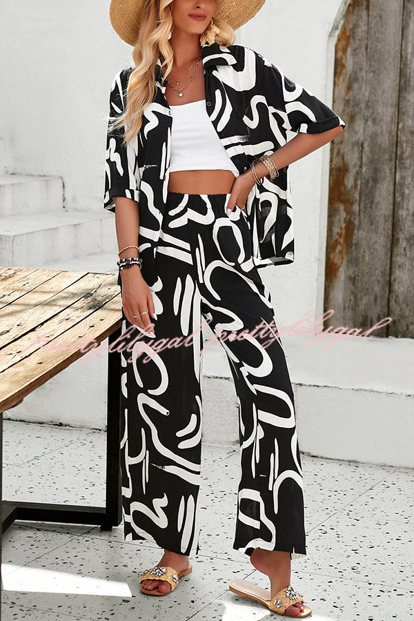 Irregular Printed Button Pocket Long Sleeved Shirt and Elastic Waist Pants Set