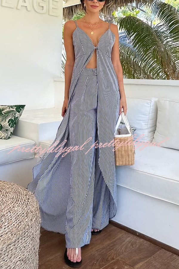 Striped Print Sleeveless Long Casual Top and Loose Straight Pants Set