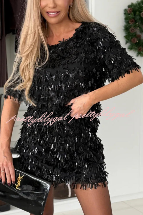 Polished Uptown Sequin Tassel Round Neck Short Sleeve Top and Elastic Waist Mini Skirt Set