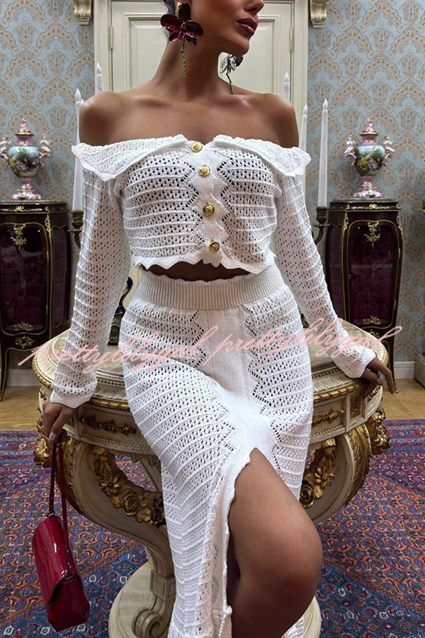 Fashion Knitted Off-the-shoulder Long-sleeved Top and Elastic Slit Maxi Skirt Set