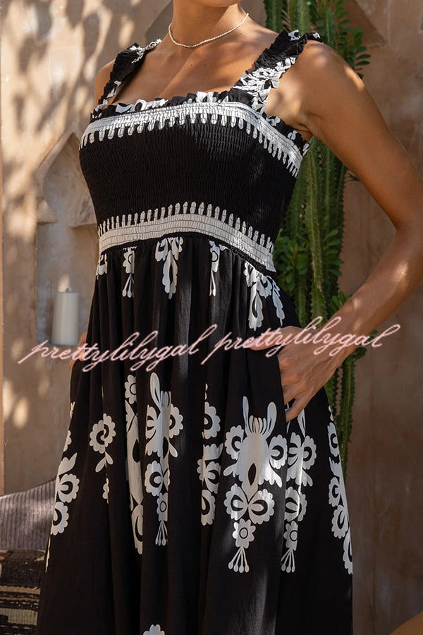 National Boho Style Unique Print Smocked Bust Wide Strap Pocket Maxi Dress