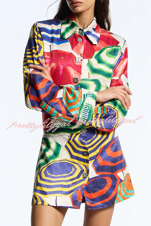Elouise Satin Color Block Art Print Long Sleeve Button Back Elastic Waist H-line Mini Dress