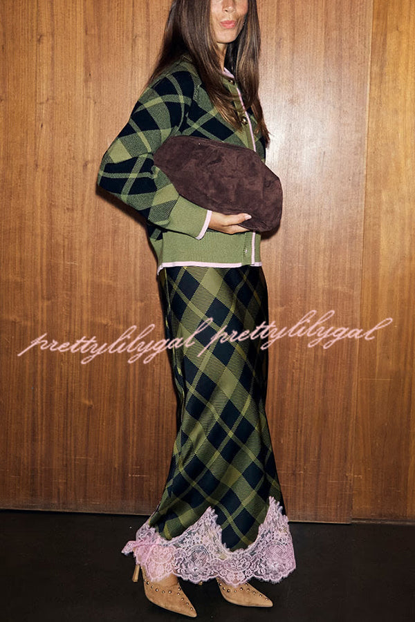 Holiday plaid Satin Unique Print Patchwork Lace Stretch Waist Draped Maxi Skirt