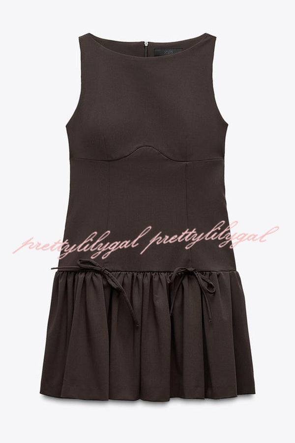 Solid Bow Round Neck Sleeveless Mini Dress