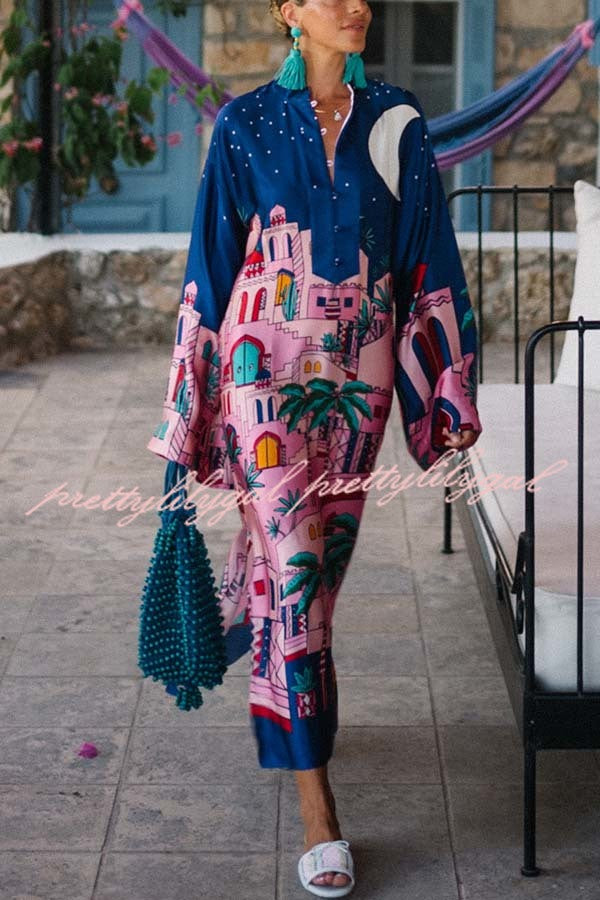 Seaside Stroll Satin Unique Print Button Up Long Sleeve Slit Kaftan Midi Dress