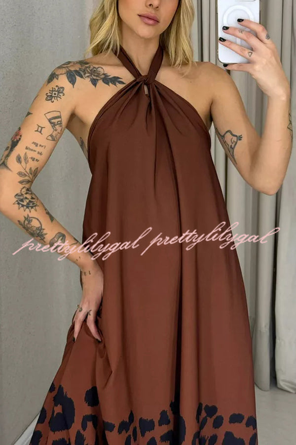 Leopard Print Sexy Halter Neck Backless Loose Maxi Dress