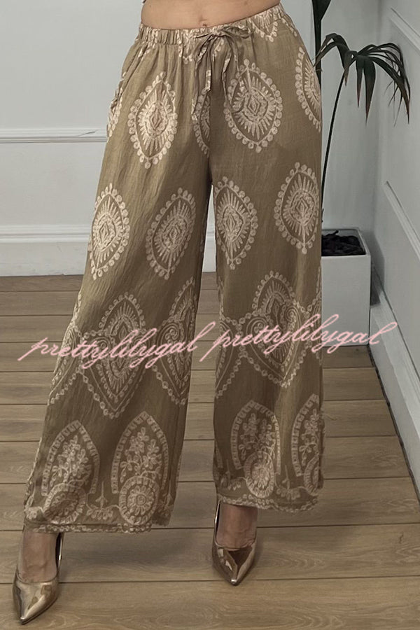 Unique Print Elastic Waist Casual Pocket Wide Leg Pants