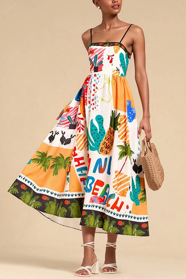Unique Printed Sling Back Pleated Holiday Midi Dress