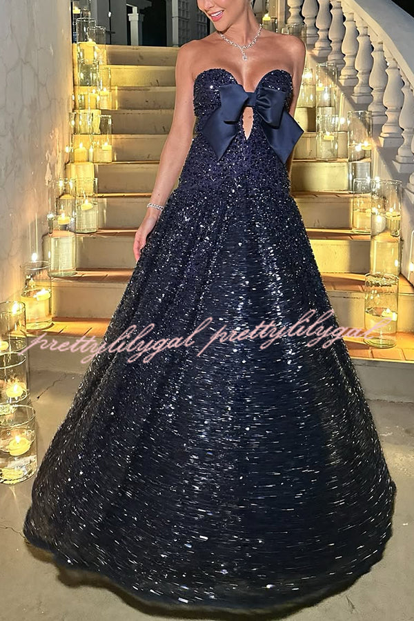 Sparkling Sky Sequin Satin Bow Detail Off Shoulder Prom Maxi Dress