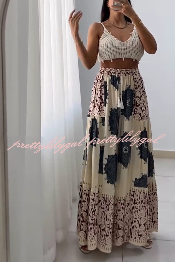 Unique Print Elastic High Waist Tie Pocket Holiday Style Wide Leg Pants