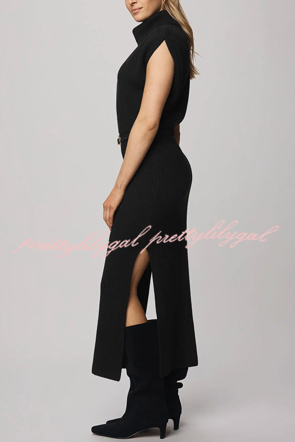 Solid Color Sleeveless Knitted Elegant Waist Midi Dress