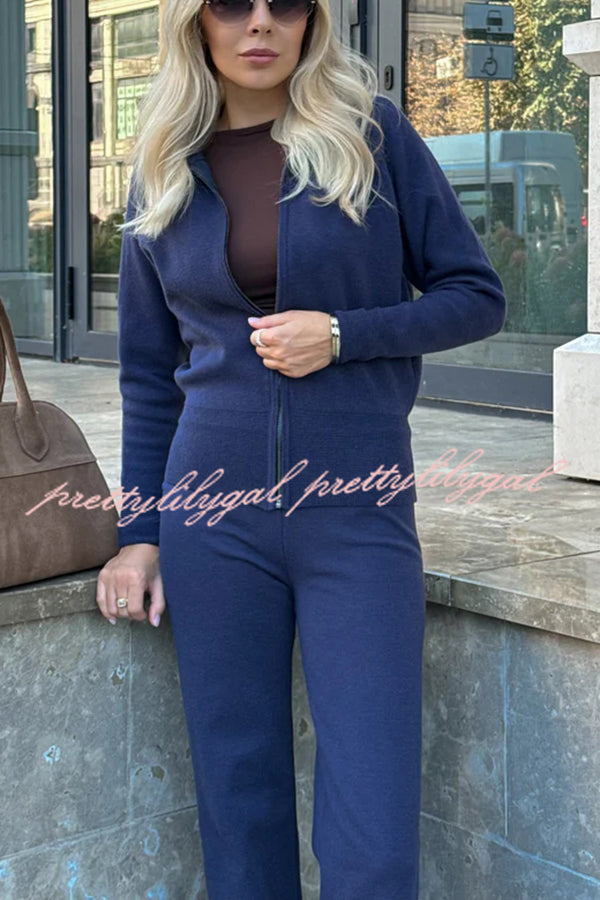 Cozycore Knit Zipper Long Sleeve Cardigan and Stretch Wide Leg Pants Set