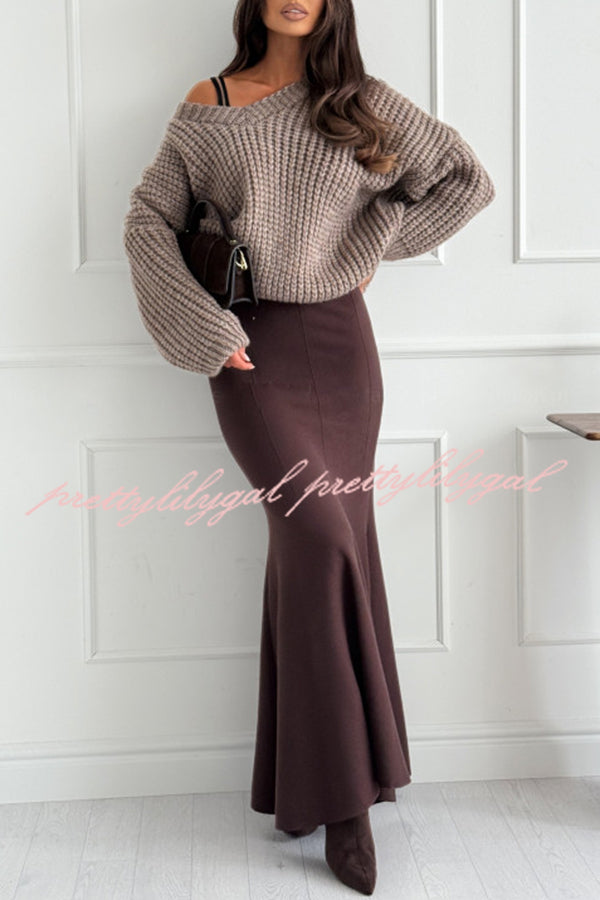 Caitlin Knit Stretch Fabric High Waist Fishtail Casual Maxi Skirt