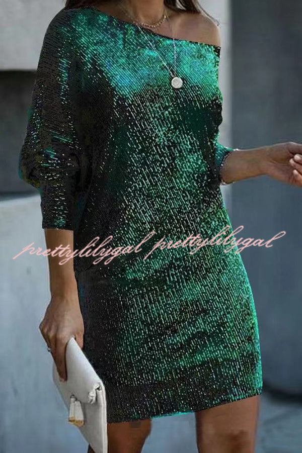 Solid Sequined Off-shoulder Loose Mini Dress