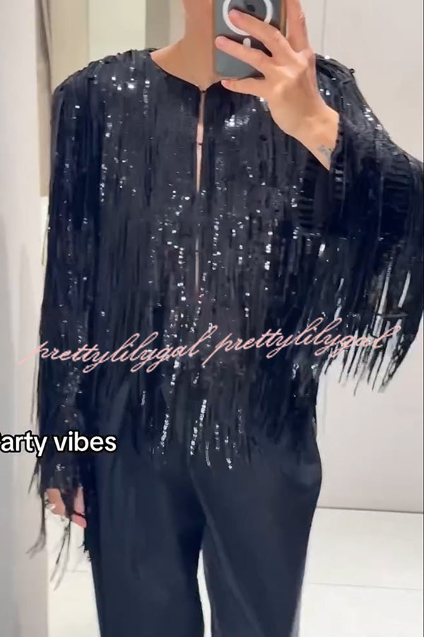 Party Crasher Layered Sequined Tassels Long Sleeve Loose Jacket