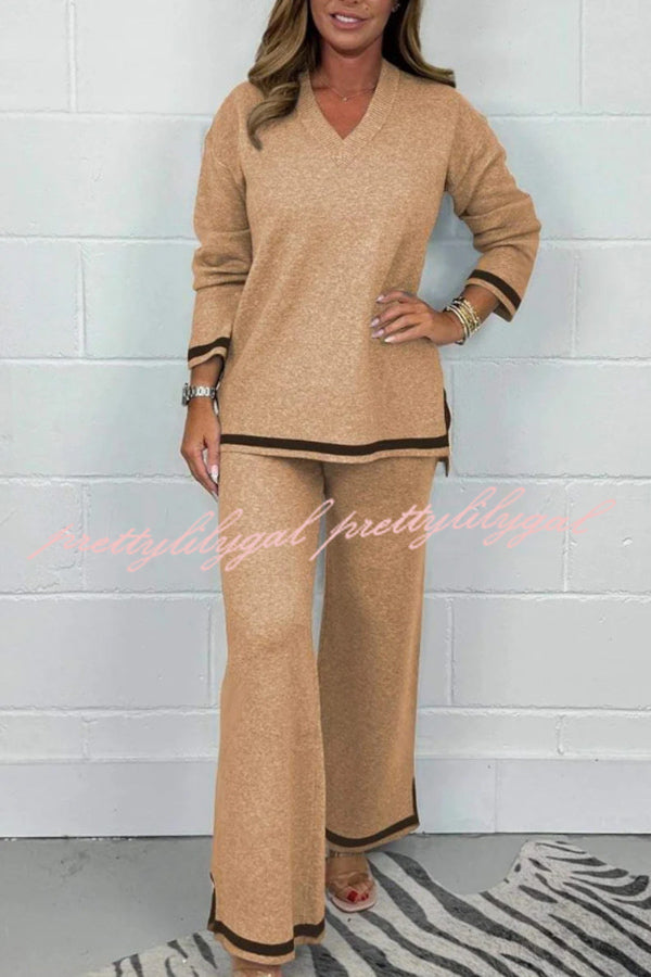 Solid Color V-neck Long-sleeved Loose Top and Elastic Waist Wide-leg Pants Set