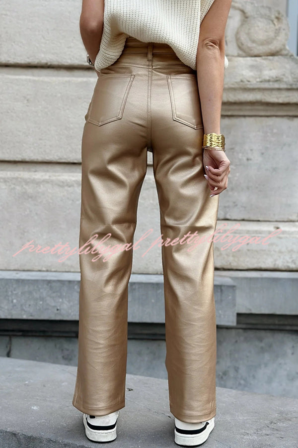 Stylish Metallic Fabric Pocket Casual Straight Wide-Leg Pants
