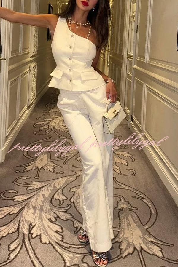 Fashion One-shoulder Slim-fit Button Vest and Casual Pocket Straight-leg Suit Pants Set