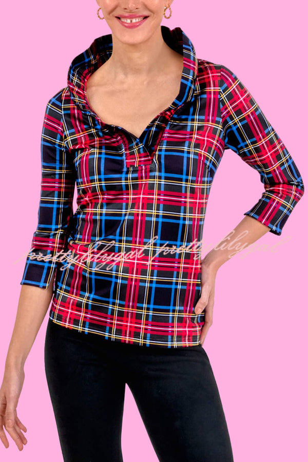 Duke of York Holiday Plaid Ruffle Stand Neck Half Sleeve Blouse