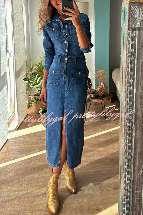 Tessy Denim Metal Button Zipper Shirt Stretch Pencil Slit Midi Dress