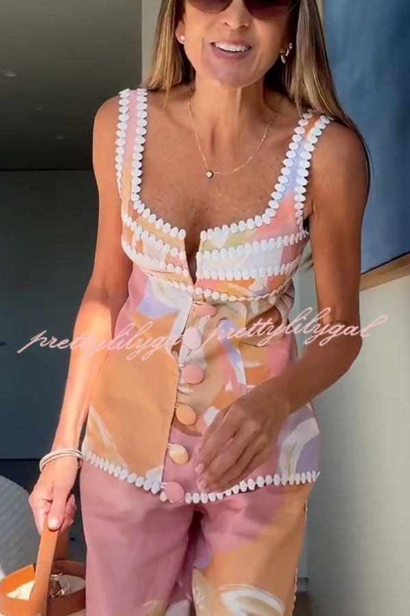European Summer Linen Blend Ric Rac Trims Unique Print Button Tank