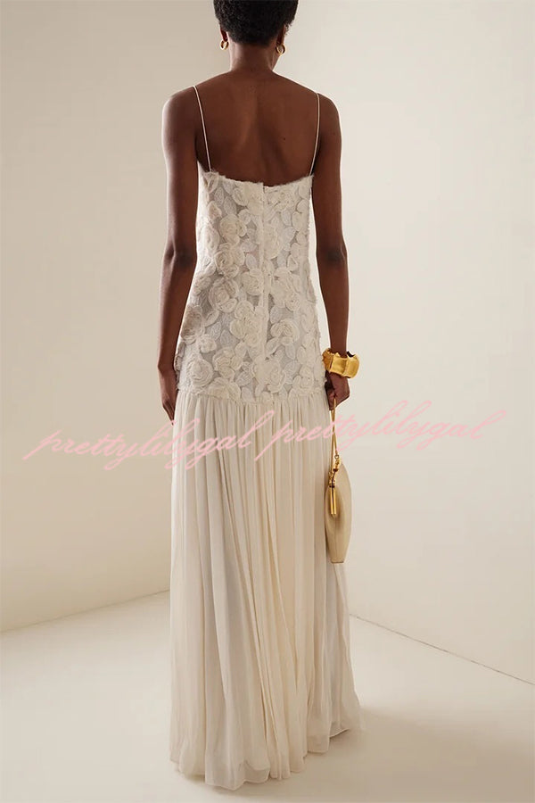 Indulge in Floral Applique Pleated Chiffon Hem Slip Maxi Dress