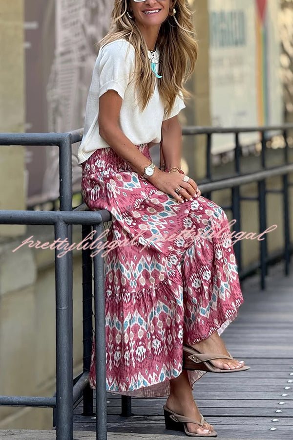 Resort Style Unique Print Pleated Elastic Waist Maxi Skirt
