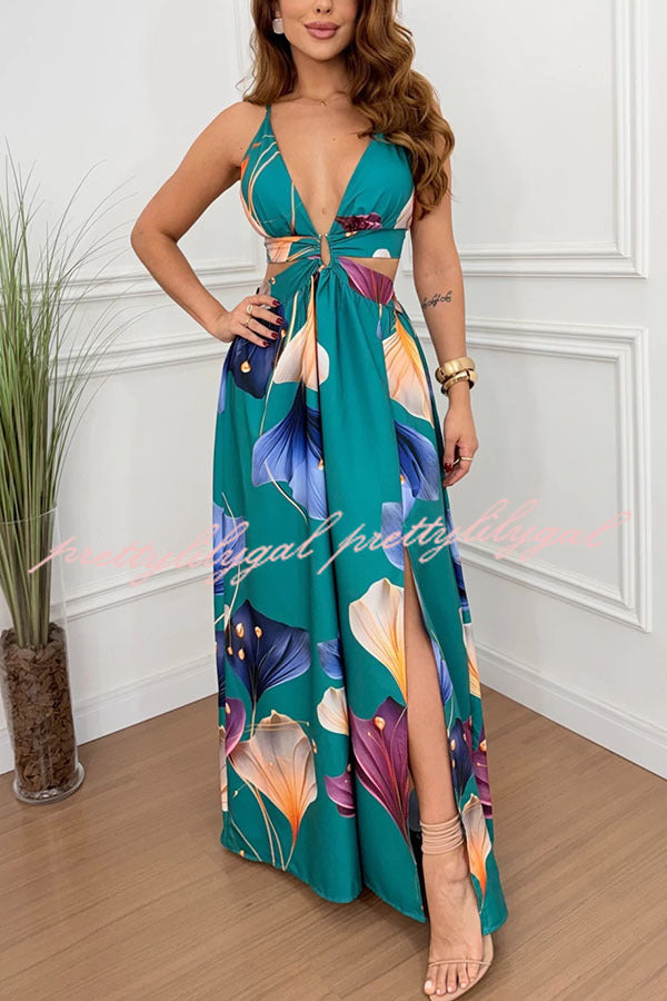 Seinah Floral Print Cutout Waist Open Back Lace-up Slit Maxi Dress prettylilygal Seinah Floral Print Cutout Waist Open Back Lace-up Slit Maxi Dress prettylilygal