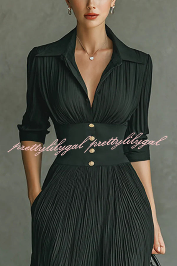 Fashionable Pleated Lapel Waist Button Maxi Dress