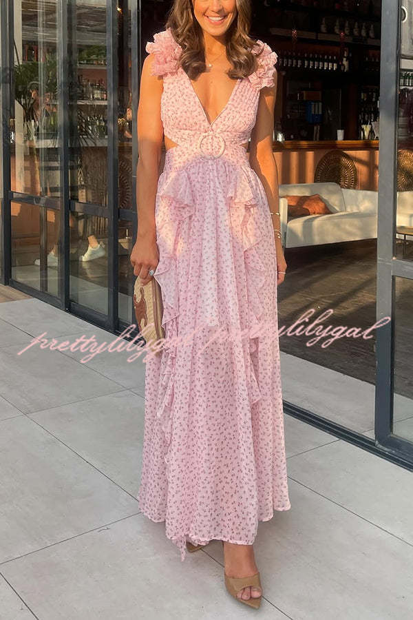 Wedding Dreams Chiffon Printed Flutter Sleeve Cutout Back Lace-up Maxi Dress
