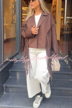 Western City Suede Long Tassels Long Sleeve Lapel Relaxed Jacket