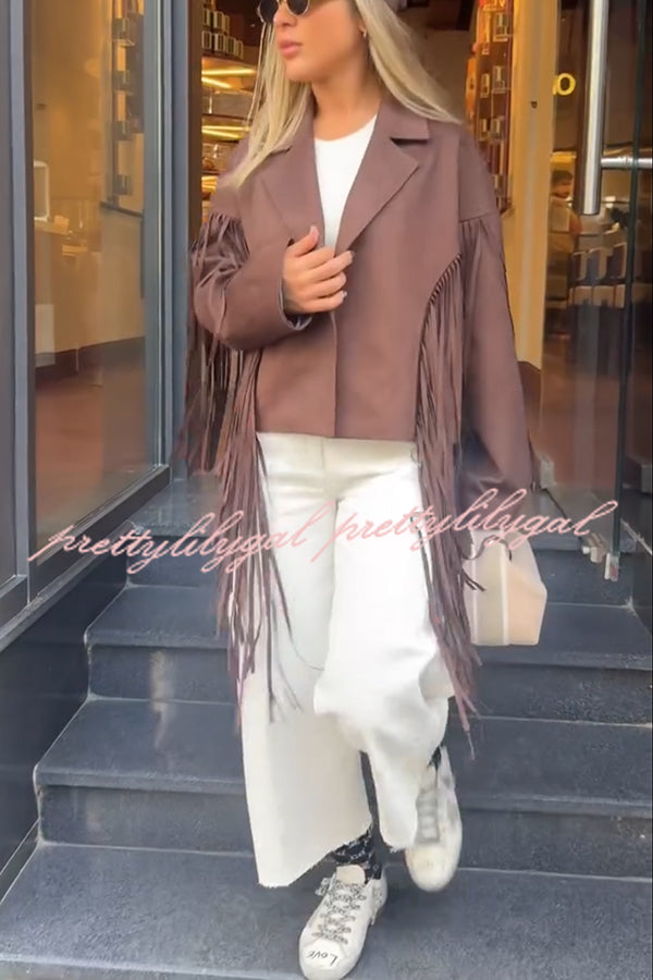 Western City Suede Long Tassels Long Sleeve Lapel Relaxed Jacket
