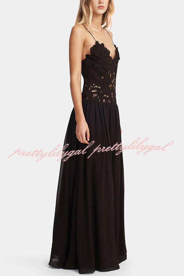 Stephanie Flower Crochet Lace Bust Chiffon Fluffy Hem Maxi Dress
