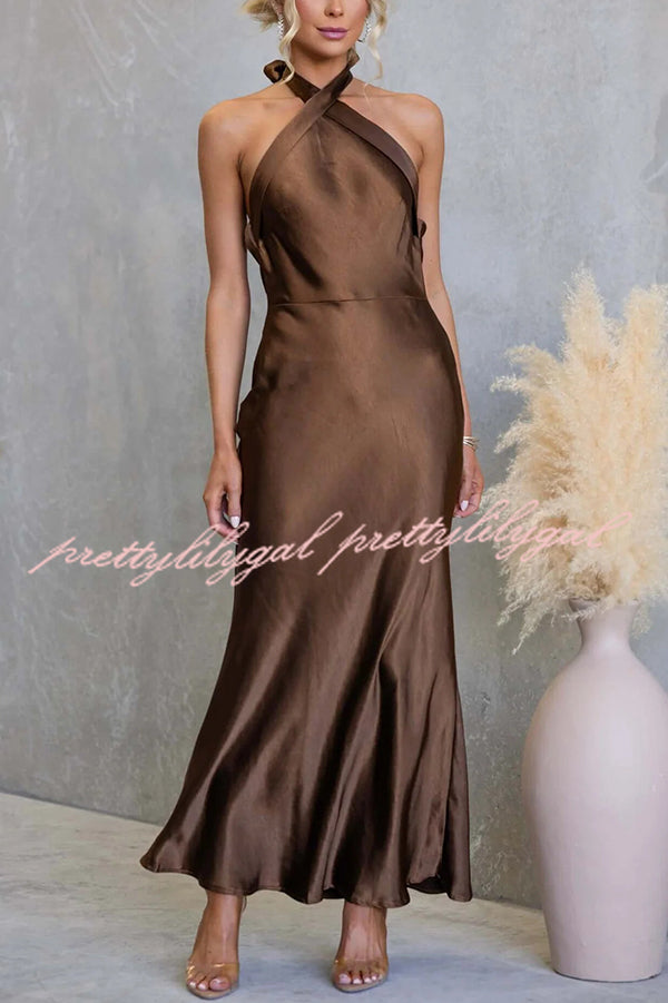 Satin Fashion Halter Backless Slim Elegant Maxi Dress