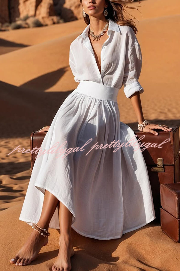Solid Color Lapel Long Sleeve Casual Waist Midi Dress