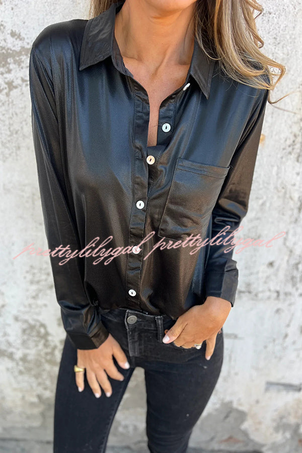 Holiday Look Solid Metallic Loose Pocket Button-down Blouse