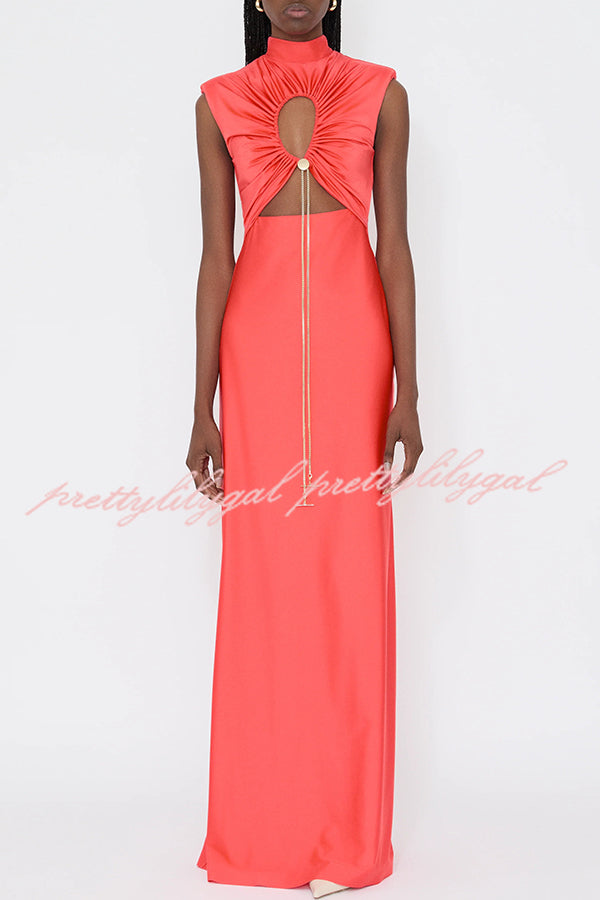 Genis Hollow Elastic Bust High Neck Sleeveless Gathered Maxi Dress