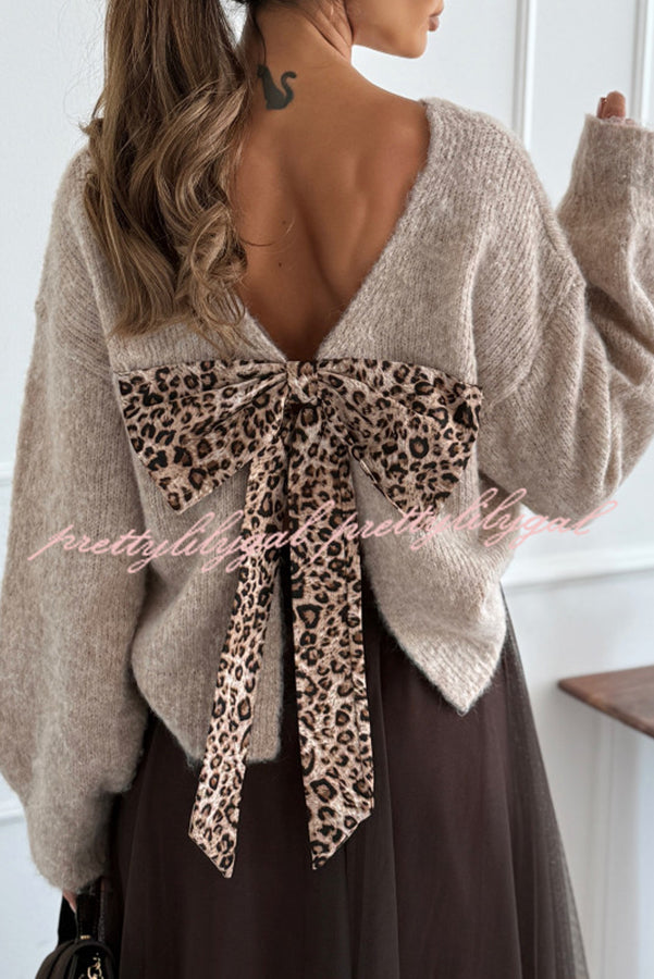 Gisella Knit Back Slit Leopard Print Bow Design Long Sleeve Relaxed Sweater