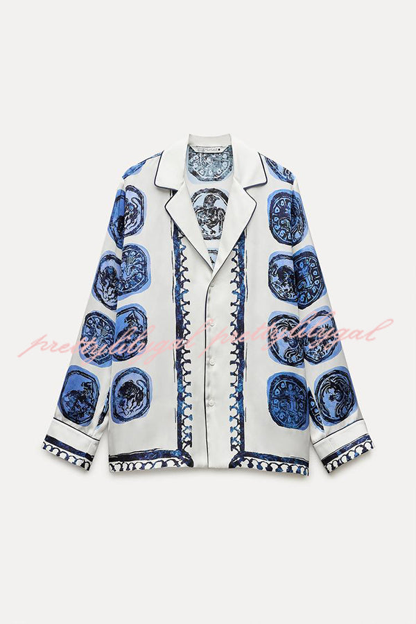 Unique Print Lapel Long Sleeve Shirt and Elastic Waist Wide Leg Pants Set