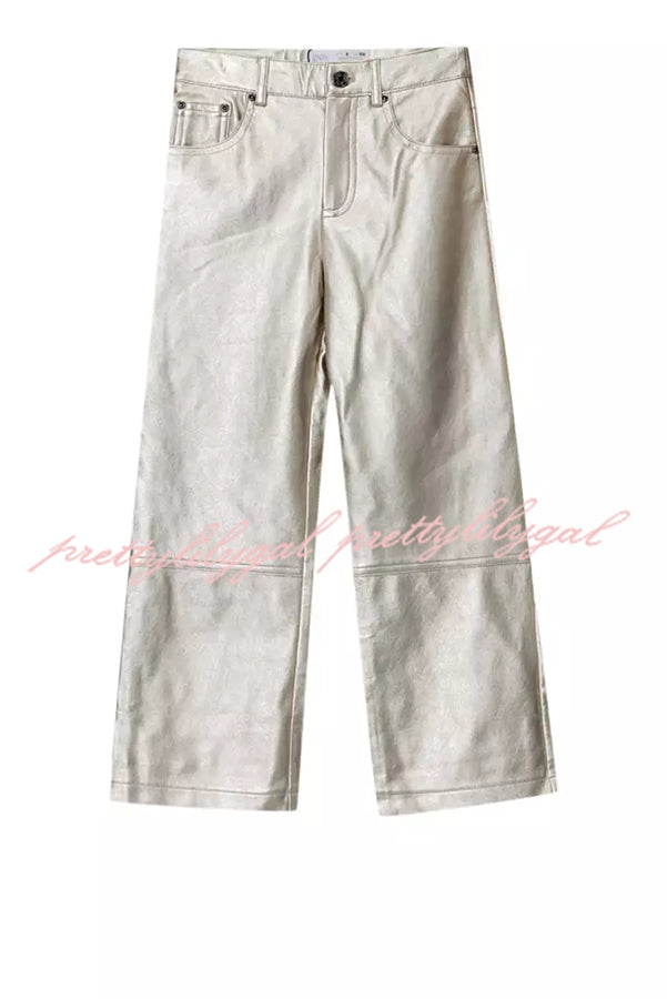 Tanie Metallic Fabric Mid-rise Pocket Cropped Wide Straight-leg Pants