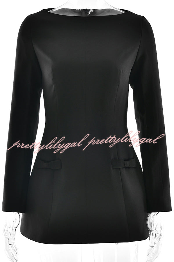 Budding Elegance Bow Detail Boat Neck Long Sleeve Mini Dress