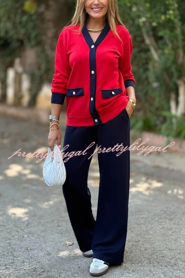 Stylish Color-blocked V-neck Knitted Button-down Cardigan and Elastic Waist Casual Wide-leg Pants Set