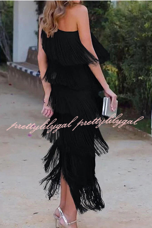 Stylish Fringed One Shoulder Asymmetric Midi Dress