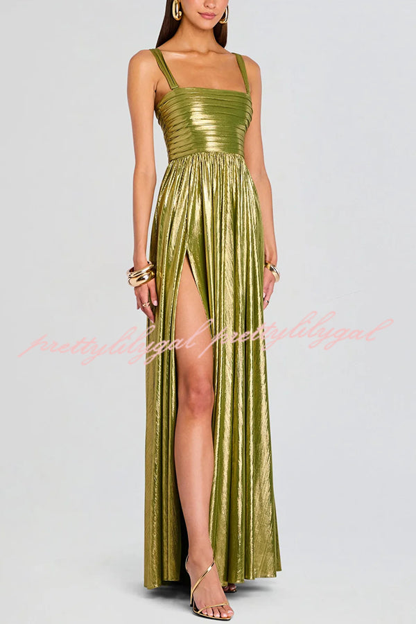 Artistic Quality Metallic Pleated Fabric Removable Straps Slit Maxi Dress