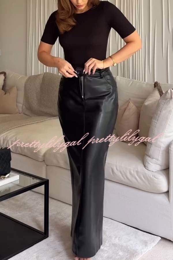 Classic Feel Faux Leather Mid Rise Pocket Slit Stretch Maix Skirt