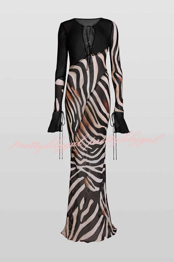 City Night Chiffon Colorblock Animal Print Tie-up Long Sleeve Maxi Dress