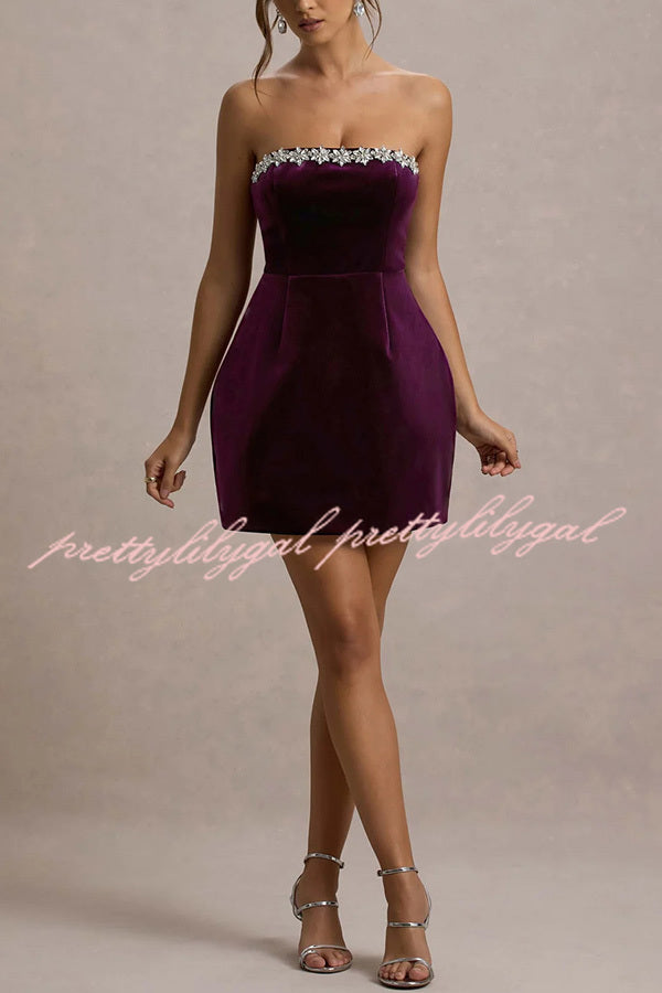 Effortlessly Elegant Velvet Jewel Embellished Trim Bandeau Mini Dress