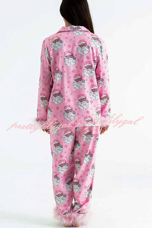 Christmas Besties Party Printed Feather Trim Elastic Waist Pocketed Pajama Set