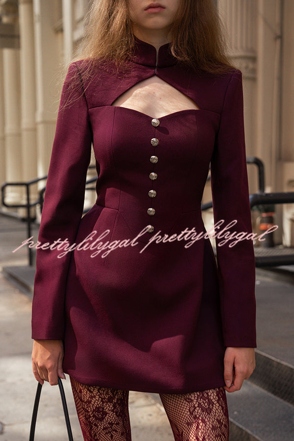 Elegant Long-sleeved Hollowed-out Button-down Slim-fit Mini Dress