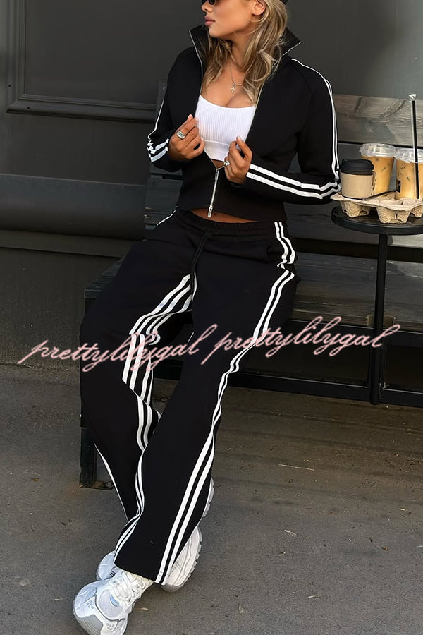 Fashionable Sports Style Striped Long-sleeved Jacket and Elastic Waist Casual Pants Set